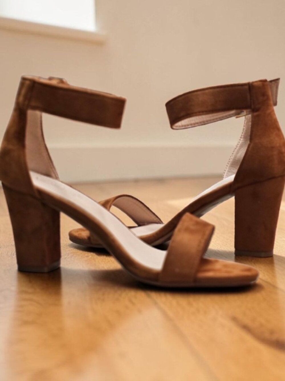 Tan Faux Suede Block Heel Sandals With Adjustable Ankle Strap Open Toe Design Wo